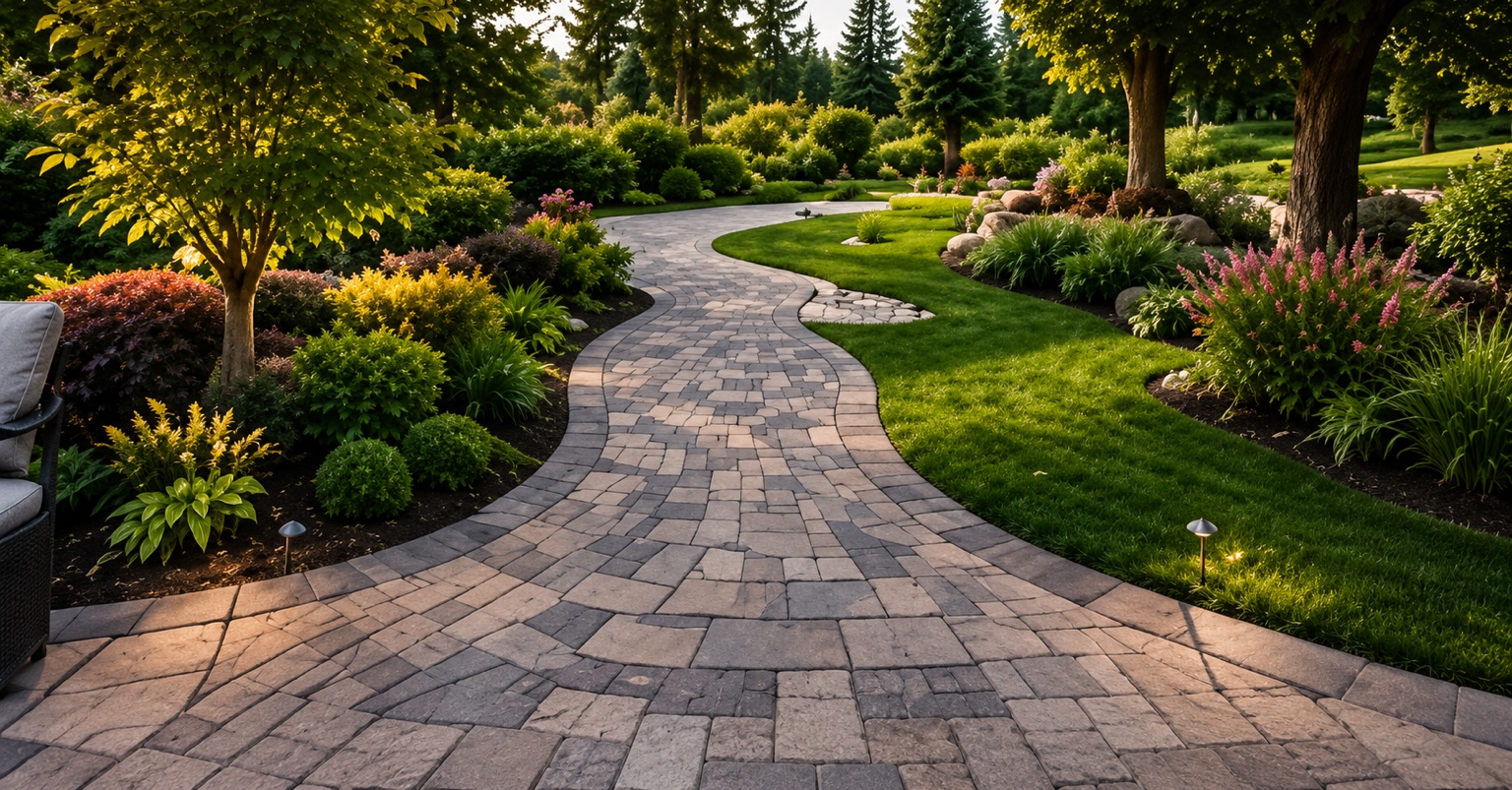 Garden landscaping and paver walkway