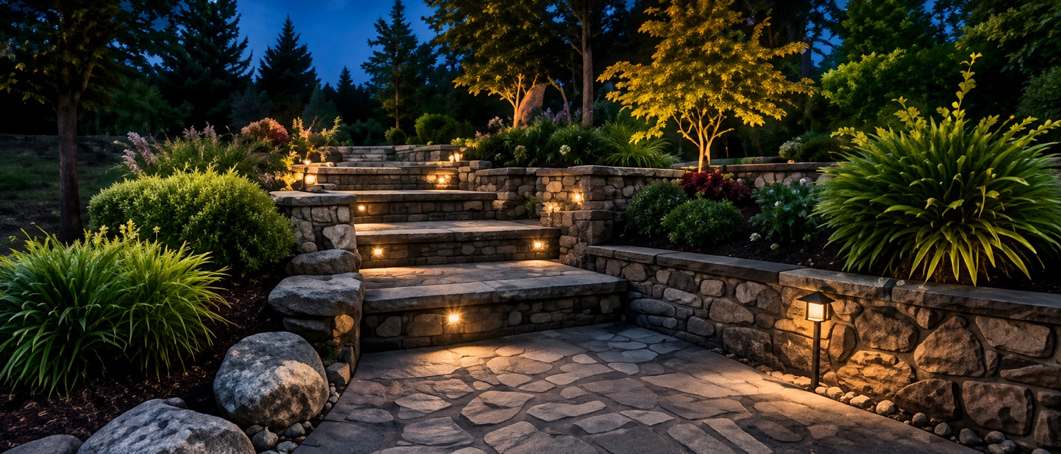 Stone retaining walls and landscape lighting